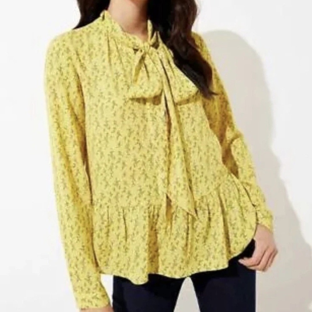 Loft‎  Yellow Floral Long Sleeve Tie Neck Blouse Top SZ XL Cottage Feminine